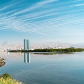 Julphar Towers reflected in the creek, with the mangroves and Hajar Mountains behind, Ras Al Khaimah
