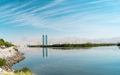 Julphar Towers reflected in the creek, with the mangroves and Hajar Mountains behind, Ras Al Khaimah